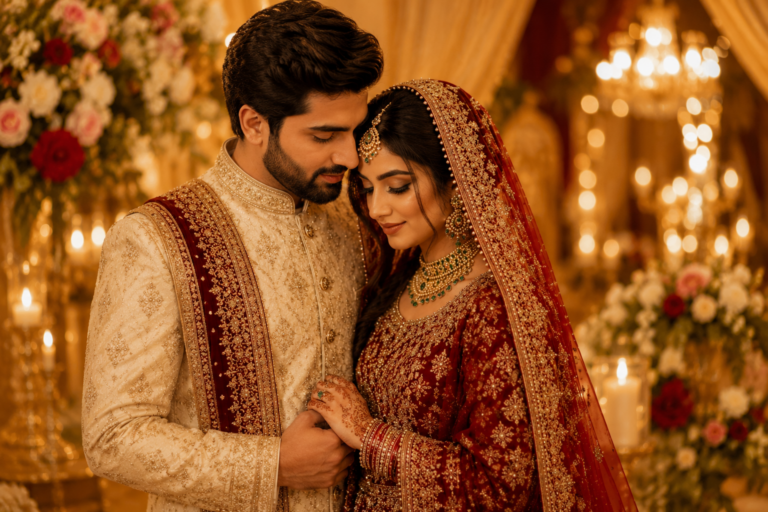 A couple in traditional wedding attire, warm tones