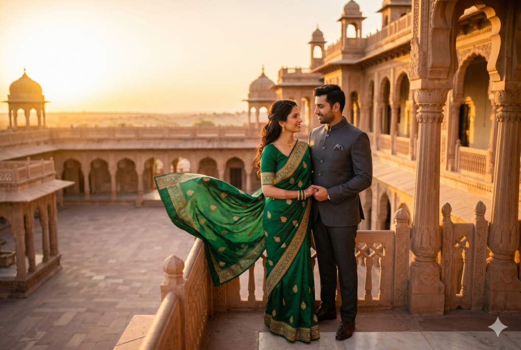 A professional, wide-angle cinematic photograph of a beautiful South Asian couple at a historic Rajasthani palace during sunset. The woman is dressed in an elegant, vibrant emerald green saree with ornate gold borders that billows dramatically in the wind. The man stands next to her, wearing a sharply tailored, matte charcoal-grey bandhgala suit. They are standing on an elevated sandstone balcony overlooking a grand courtyard, sharing an intimate and smiling glance. The low-angle golden hour sunlight fills the scene with a warm, glowing hue and casts long, dramatic shadows across the intricate, historic palace architecture in the background.